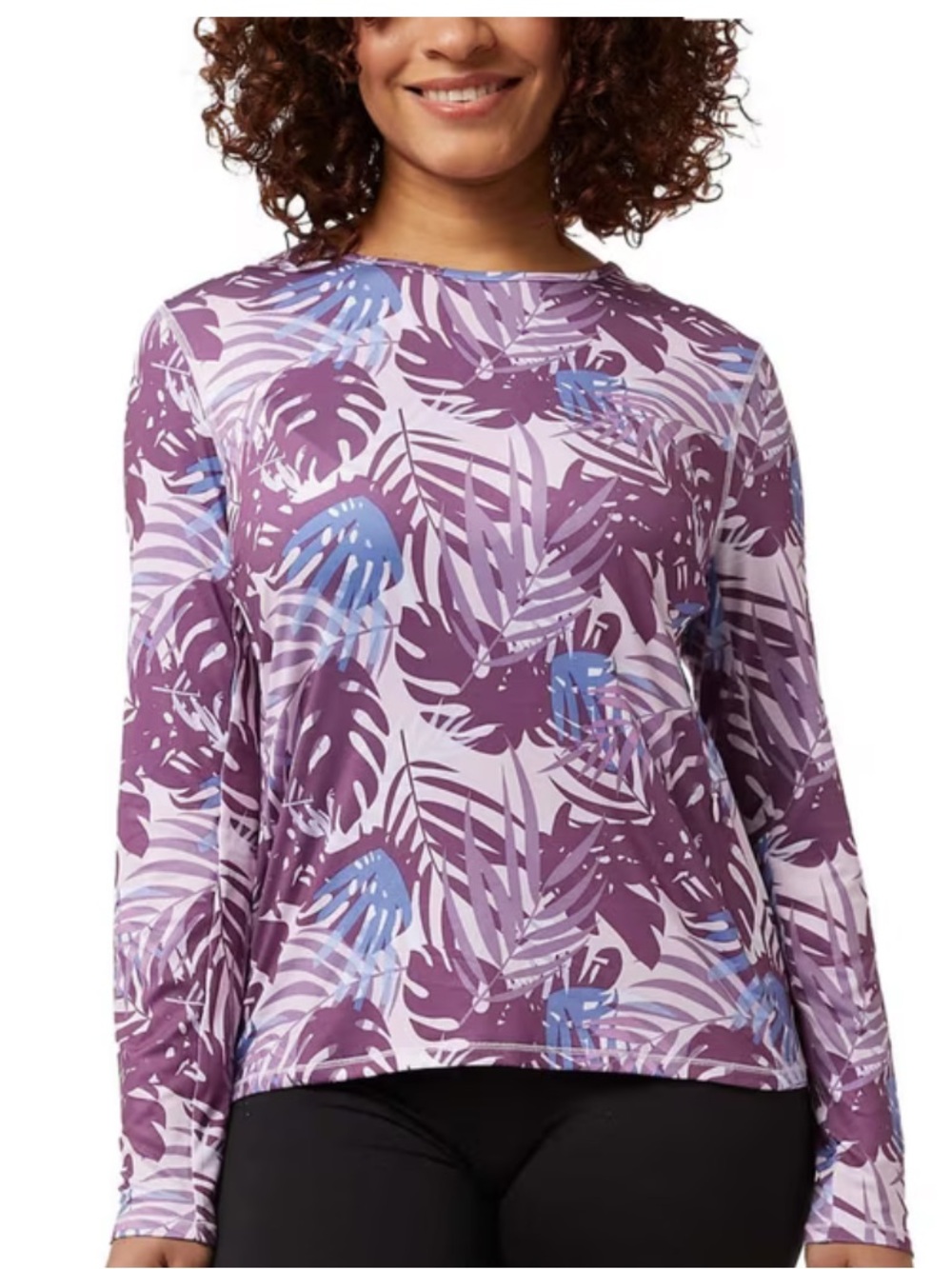 32 Degrees Purple Tropical-Print Long Sleeve Top with Blue Accents
